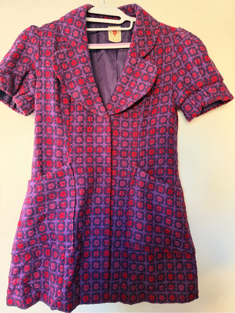 Tulle Purple & Magenta Geometric Puff Sleeve Swing Coat Jacket Size Large